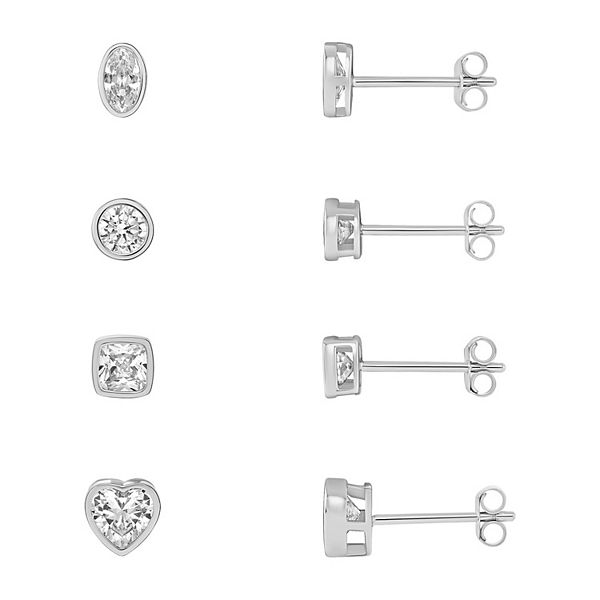 Women's PRIMROSE Sterling Silver Bezel Cubic Zirconia Multi-Shape Stud Earrings Quad Set - Sterling