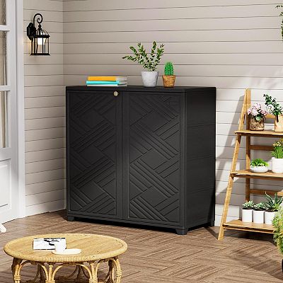 Outdoor Storage Cabinet Waterproof with Shelf, Resin Outdoor
