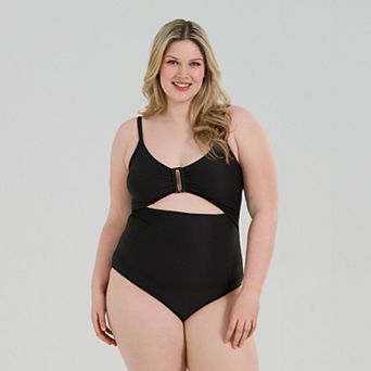 Plus Size Freshwater Tortoise Trim Cutout One-Piece Swimsuit