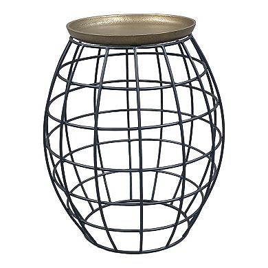 2 Piece Coffee Table And End Table Set, Round Antique Brass Tray Top, Curved Cage Design Iron Base