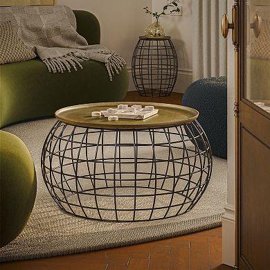 2 Piece Coffee Table And End Table Set, Round Antique Brass Tray Top, Curved Cage Design Iron Base