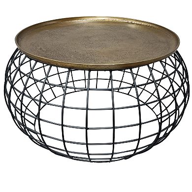 2 Piece Coffee Table And End Table Set, Round Antique Brass Tray Top, Curved Cage Design Iron Base