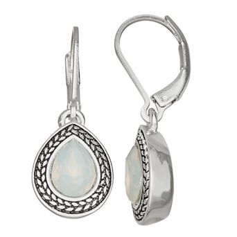 Napier Silver Tone White Simulated Opal Teardrop Leverback Earrings