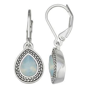 Napier Silver Tone White Simulated Opal Teardrop Leverback Earrings