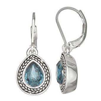 Napier Silver Tone Blue Stone Teardrop Leverback Earrings