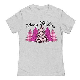 Junior's Merry Christmas Pink Trees Graphic Tee
