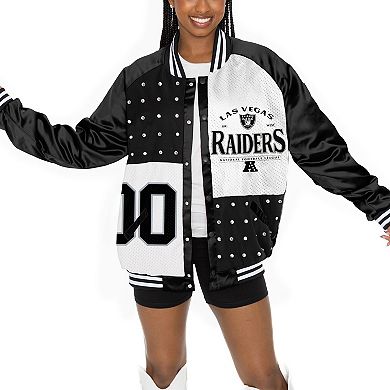 Women's Gameday Couture Black/White Las Vegas Raiders Oversized Hot Shot Rhinestone Throwback Full-Snap Varsity Bomber Jacket
