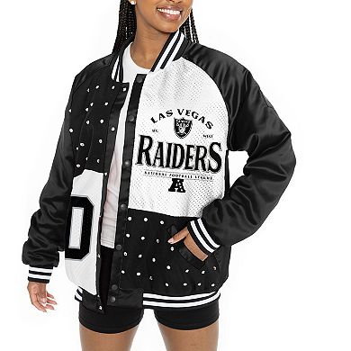 Women's Gameday Couture Black/White Las Vegas Raiders Oversized Hot Shot Rhinestone Throwback Full-Snap Varsity Bomber Jacket