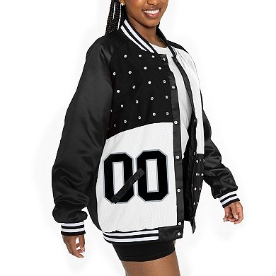 Women's Gameday Couture Black/White Las Vegas Raiders Oversized Hot Shot Rhinestone Throwback Full-Snap Varsity Bomber Jacket