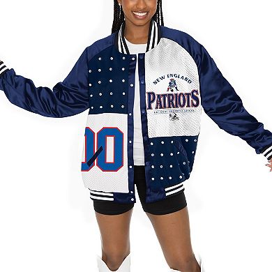 Women's Gameday Couture Navy/White New England Patriots Oversized Hot Shot Rhinestone Throwback Full-Snap Varsity Bomber Jacket