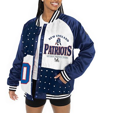 Women's Gameday Couture Navy/White New England Patriots Oversized Hot Shot Rhinestone Throwback Full-Snap Varsity Bomber Jacket
