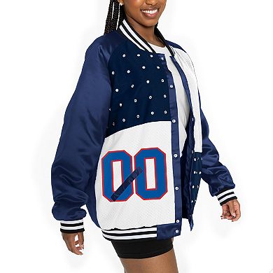 Women's Gameday Couture Navy/White New England Patriots Oversized Hot Shot Rhinestone Throwback Full-Snap Varsity Bomber Jacket