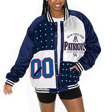 Women's Gameday Couture Navy/White New England Patriots Oversized Hot Shot Rhinestone Throwback Full-Snap Varsity Bomber Jacket