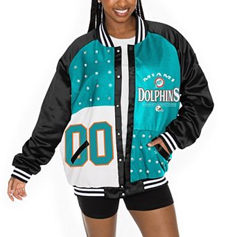 Women's Gameday Couture Black/Aqua Miami Dolphins Oversized Hot Shot Rhinestone Throwback Full-Snap Varsity Bomber Jacket