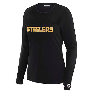 Women's WEAR by Erin Andrews x Gracie Hunt Black Pittsburgh Steelers Mesh Panel Long Sleeve T-Shirt
