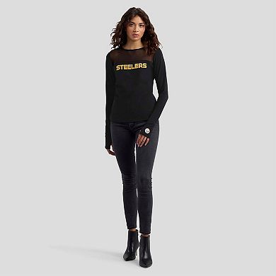 Women's WEAR by Erin Andrews x Gracie Hunt Black Pittsburgh Steelers Mesh Panel Long Sleeve T-Shirt