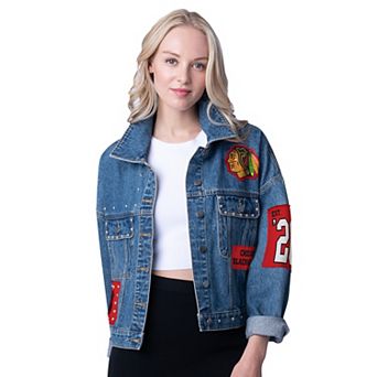 Women's G-III 4Her by Carl Banks Chicago Blackhawks Game Ball Cropped Button-Up Denim Jacket