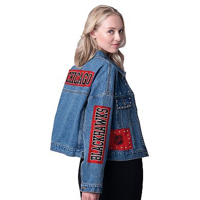 Women's G-III 4Her by Carl Banks Chicago Blackhawks Game Ball Cropped Button-Up Denim Jacket