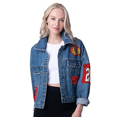 Women's G-III 4Her by Carl Banks Chicago Blackhawks Game Ball Cropped Button-Up Denim Jacket