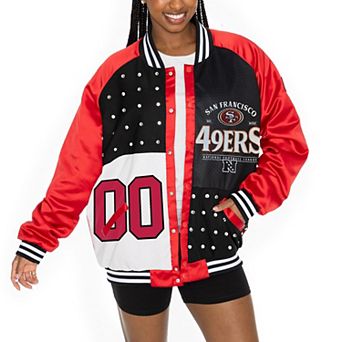 Women's Gameday Couture Scarlet/Black San Francisco 49ers Oversized Hot Shot Rhinestone Throwback Full-Snap Varsity Bomber Jacket