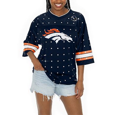 Women's Gameday Couture Navy Denver Broncos All-Over Rhinestone Sports Stripe Kickoff V-Neck Fashion Half-Sleeve Jersey Top