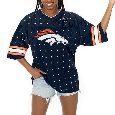 Women's Gameday Couture Navy Denver Broncos All-Over Rhinestone Sports Stripe Kickoff V-Neck Fashion Half-Sleeve Jersey Top