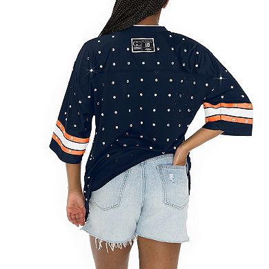 Women's Gameday Couture Navy Denver Broncos All-Over Rhinestone Sports Stripe Kickoff V-Neck Fashion Half-Sleeve Jersey Top