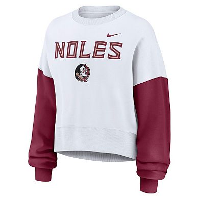 Women's Nike White Florida State Seminoles Color-Block Oversized Cropped Pullover Sweatshirt
