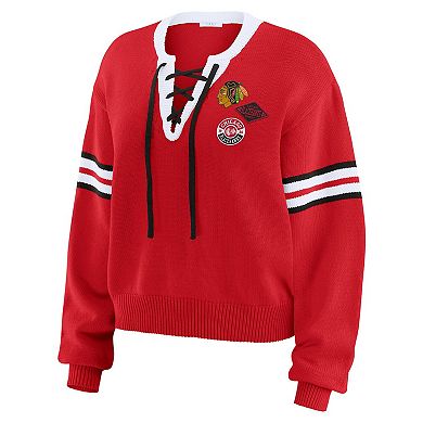 Women's WEAR by Erin Andrews Red Chicago Blackhawks Cropped Lace-Up Sweater