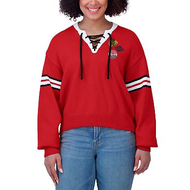 Women's WEAR by Erin Andrews Red Chicago Blackhawks Cropped Lace-Up Sweater