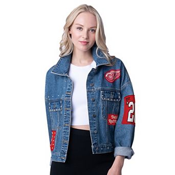Women's G-III 4Her by Carl Banks Detroit Red Wings Game Ball Cropped Button-Up Denim Jacket
