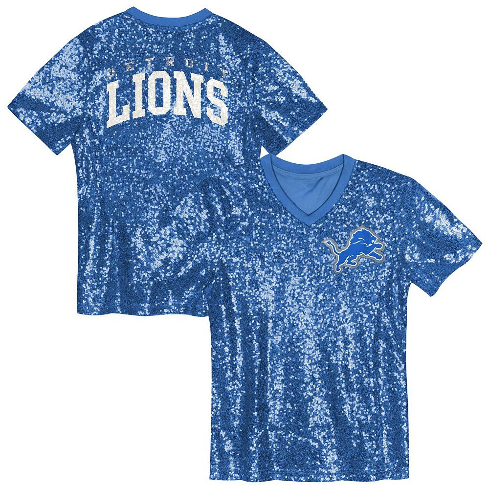 Youth Blue Detroit Lions Wordmark Sequin V-Neck Top