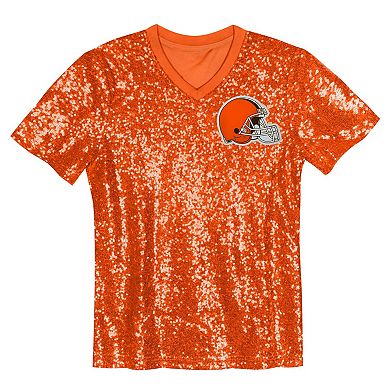 Youth Brown Cleveland Browns Wordmark Sequin V-Neck Top