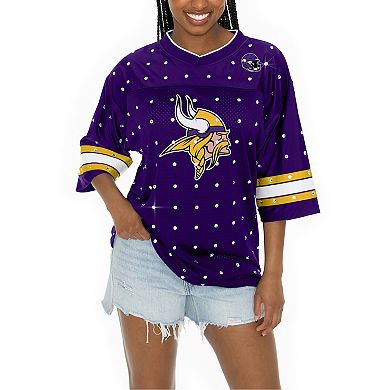 Women's Gameday Couture Purple Minnesota Vikings All-Over Rhinestone Sports Stripe Kickoff V-Neck Fashion Half-Sleeve Jersey Top