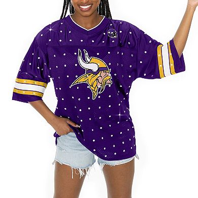 Women's Gameday Couture Purple Minnesota Vikings All-Over Rhinestone Sports Stripe Kickoff V-Neck Fashion Half-Sleeve Jersey Top