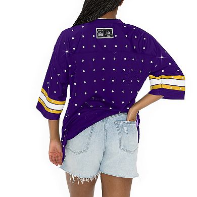 Women's Gameday Couture Purple Minnesota Vikings All-Over Rhinestone Sports Stripe Kickoff V-Neck Fashion Half-Sleeve Jersey Top