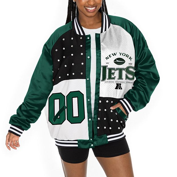 Women s Gameday Couture Green White New York Jets Oversized Hot Shot Rhinestone Throwback Full Snap Varsity