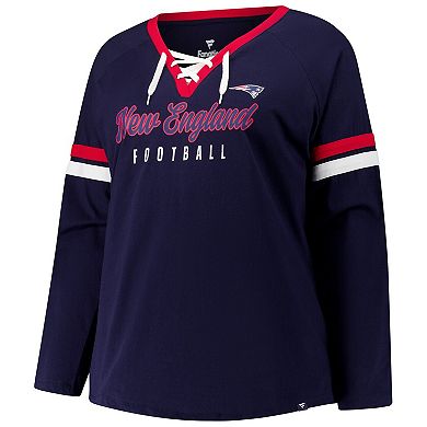 Women's Fanatics Navy New England Patriots Plus Size Lace-Up V-Neck Long Sleeve T-Shirt