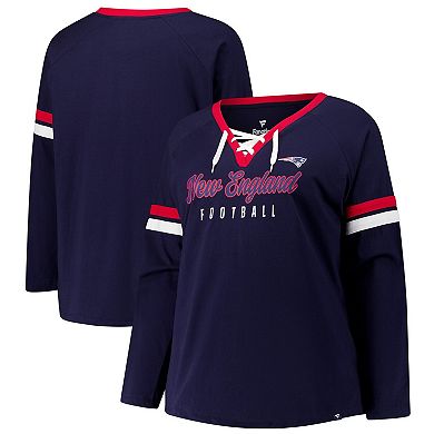 Women's Fanatics Navy New England Patriots Plus Size Lace-Up V-Neck Long Sleeve T-Shirt
