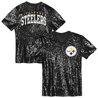 Youth Black Pittsburgh Steelers Wordmark Sequin V-Neck Top