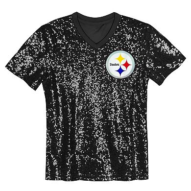 Girls Youth Black Pittsburgh Steelers Wordmark Sequin V-Neck Top
