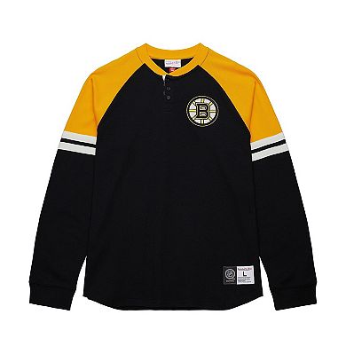 Men's Mitchell & Ness Black Boston Bruins Thermal Henley Long Sleeve T-Shirt