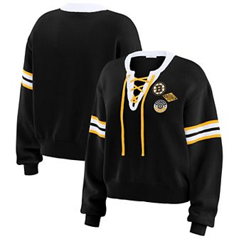 Women's WEAR by Erin Andrews Black Boston Bruins Cropped Lace-Up Sweater
