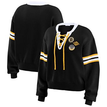 Women's WEAR by Erin Andrews Black Boston Bruins Cropped Lace-Up Sweater