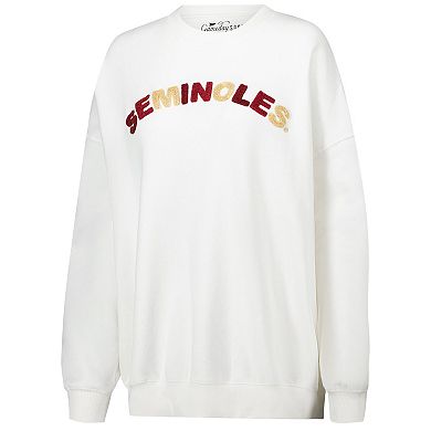 Women's Gameday Social White Florida State Seminoles Charlie Rainbow Chenille Arch Pullover Sweatshirt