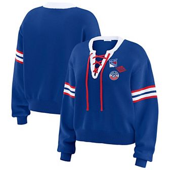Women's WEAR by Erin Andrews Blue New York Rangers Cropped Lace-Up Sweater
