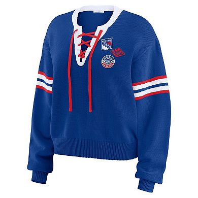 Women's WEAR by Erin Andrews Blue New York Rangers Cropped Lace-Up Sweater