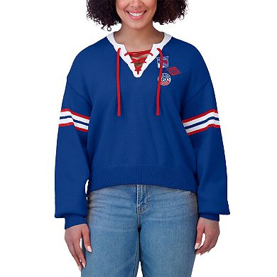 Women's WEAR by Erin Andrews Blue New York Rangers Cropped Lace-Up Sweater