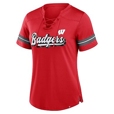 Women's Fanatics Red Wisconsin Badgers Fundamental Overtime Readiness Athena Lace-Up V-Neck T-Shirt