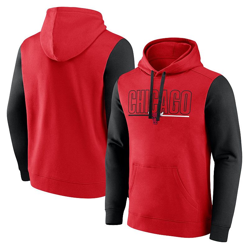 Men's Red Chicago Bulls Outline Colorblock Pullover Hoodie,